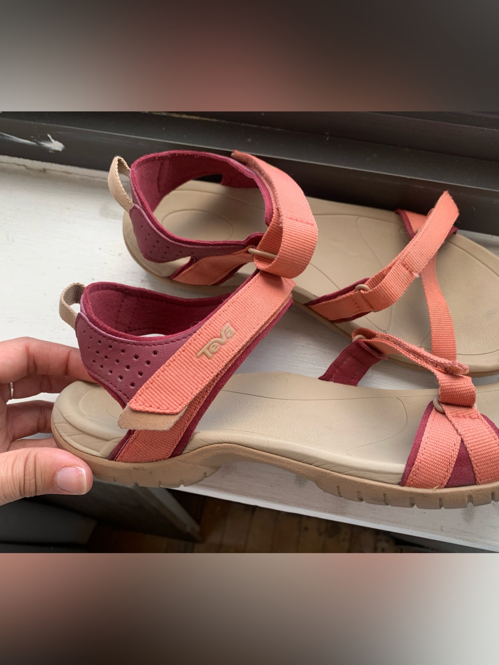 Teva Women's Coral and Maroon Strappy Sandals - Picture 3 of 7
